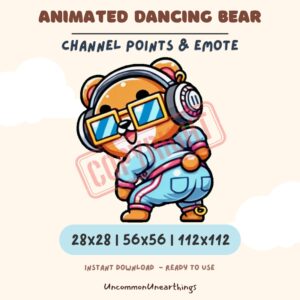 Animated dancing bear emote with sunglasses and headphones, available in 28x28, 56x56, 112x112 pixels for Twitch Discord