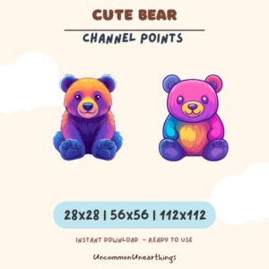 Cute bear emote channel points icons in 28x28, 56x56, and 112x112 pixel sizes for Twitch and Discord streaming.