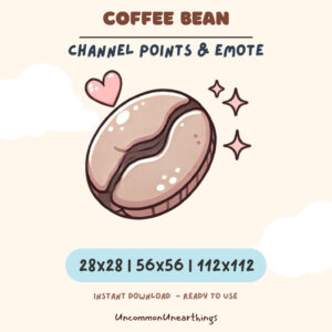 Coffee bean channel points emote for Twitch and Discord, cute brown bean illustration with heart and stars, 28x28 to 112x1...
