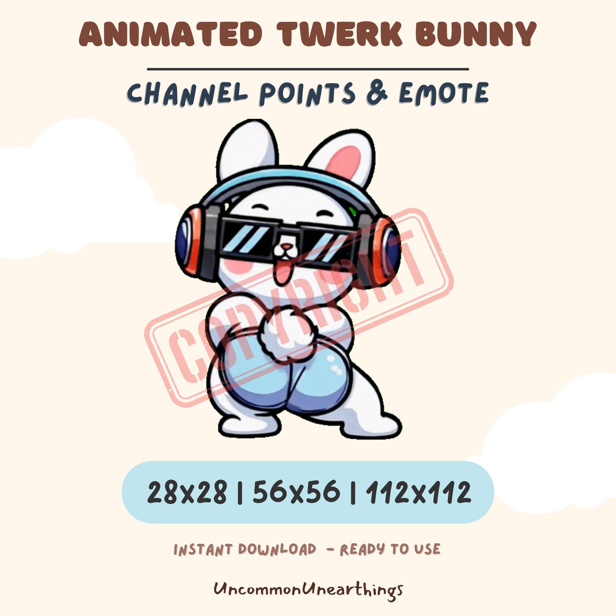 Animated twerk bunny Twitch emote with headphones, sunglasses, and tongue out in 28x28, 56x56, 112x112 sizes
