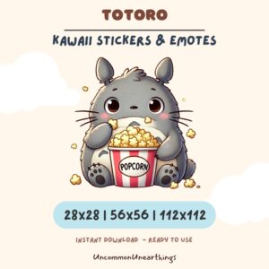 Kawaii Totoro eating popcorn sticker emote for Twitch Discord, cute anime character art in 28x28 56x56 112x112 pixels