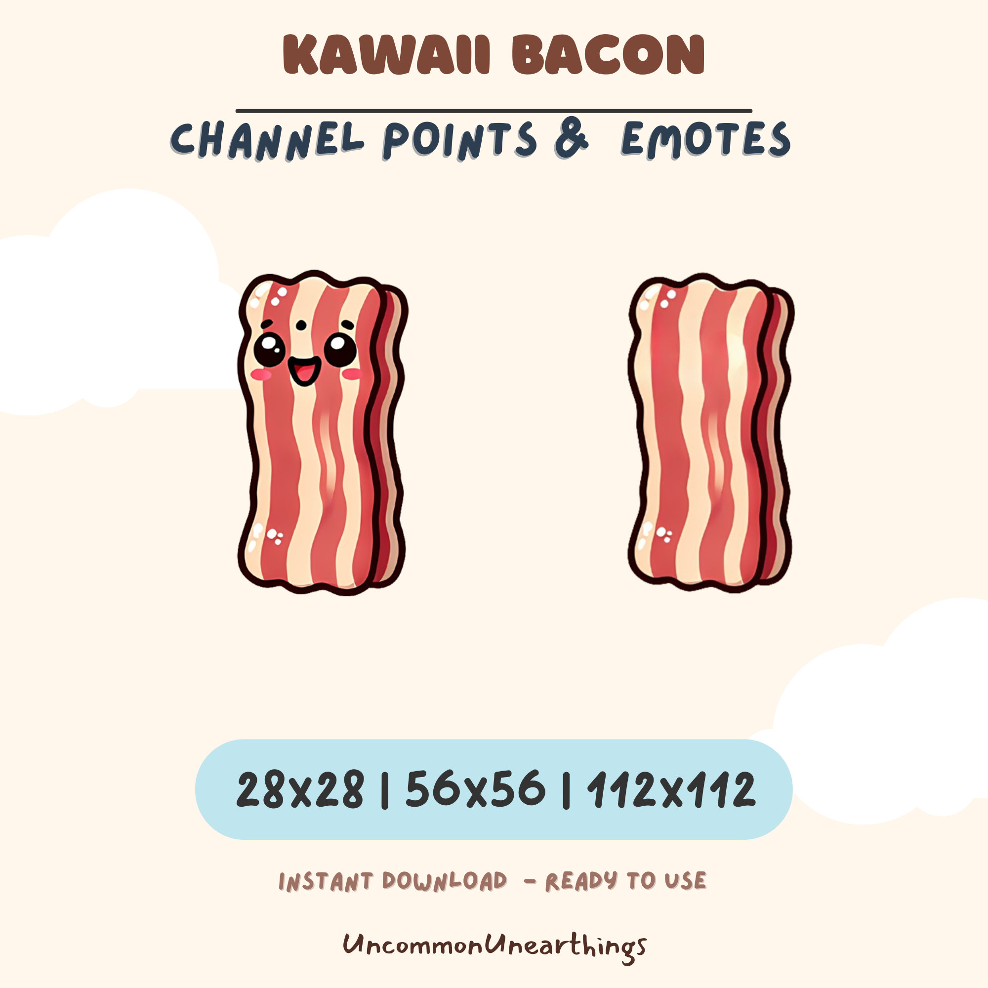 Cute kawaii bacon emote for Twitch and Discord channels in three sizes: 28x28, 56x56, 112x112 pixels