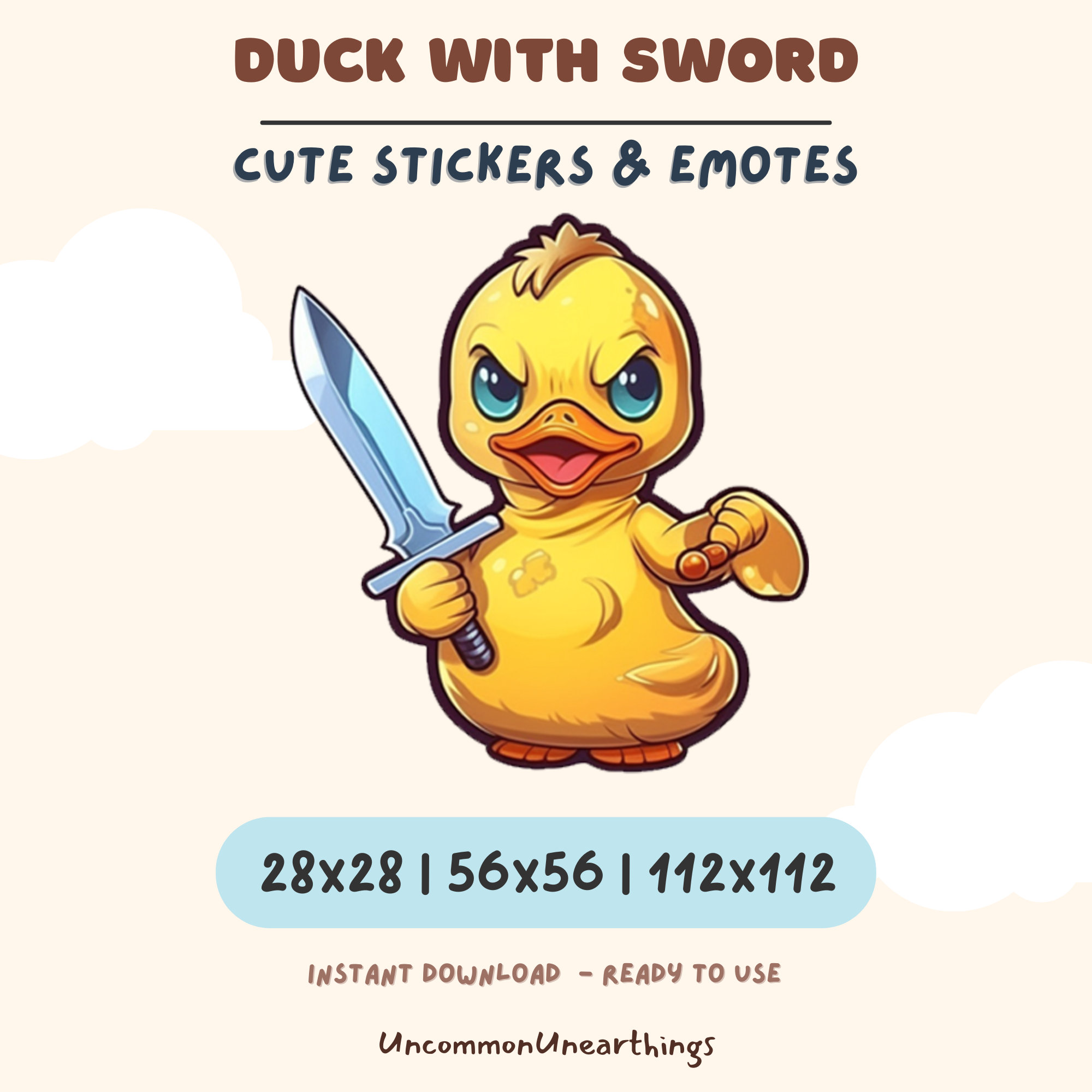 Duck with sword holding blade, yellow cute sticker emote character for Twitch and Discord streaming platforms