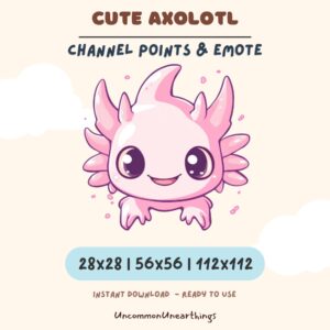 Cute pink axolotl emote with big eyes, channel points and Twitch emote asset in 28x28, 56x56, 112x112 sizes