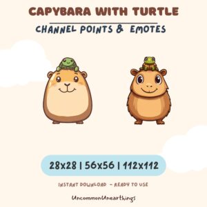 Cute capybara with turtle channel points and emotes for Twitch Discord in 28x28 56x56 112x112 sizes instant download
