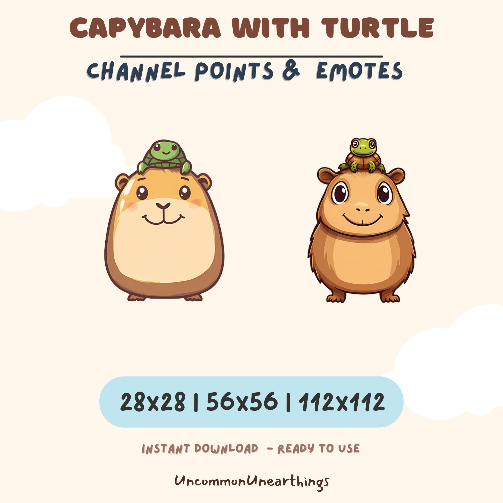 Cute capybara with turtle channel points and emotes for Twitch Discord in 28x28 56x56 112x112 sizes instant download