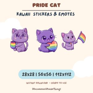 Purple kawaii cats with pride flags, cute sticker emotes set in 28x28, 56x56, 112x112 pixels for Twitch Discord