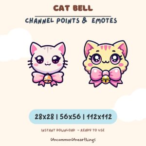 Cute cat bell channel points emotes for Twitch and Discord, pink bow kawaii kitten emojis in 28x28, 56x56, 112x112 pixels