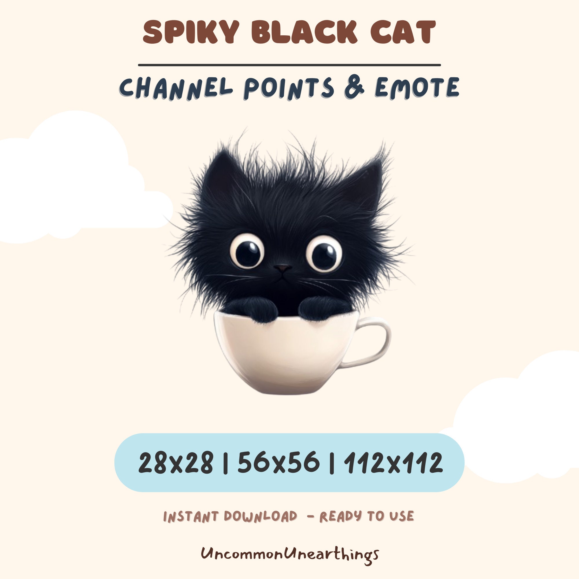 Spiky Black Cat Twitch Discord Emote - Cute Fluffy Kitten in Teacup Channel Points Emote 28x28 56x56 112x112