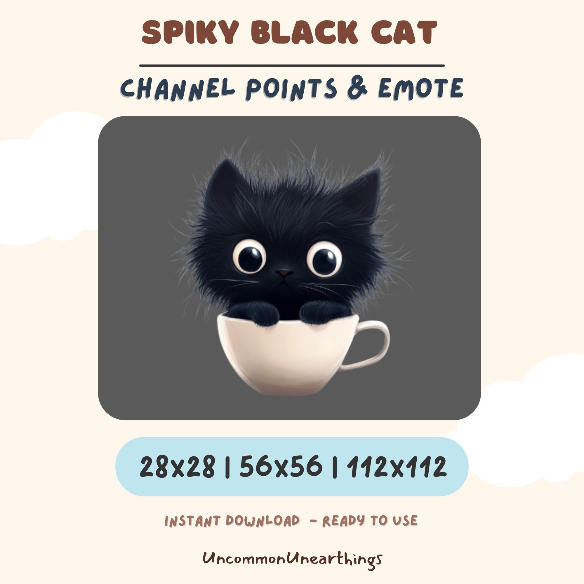 Spiky Black Cat Twitch Discord Emote - Cute kitten in teacup with big eyes, channel points and emote pack instant download