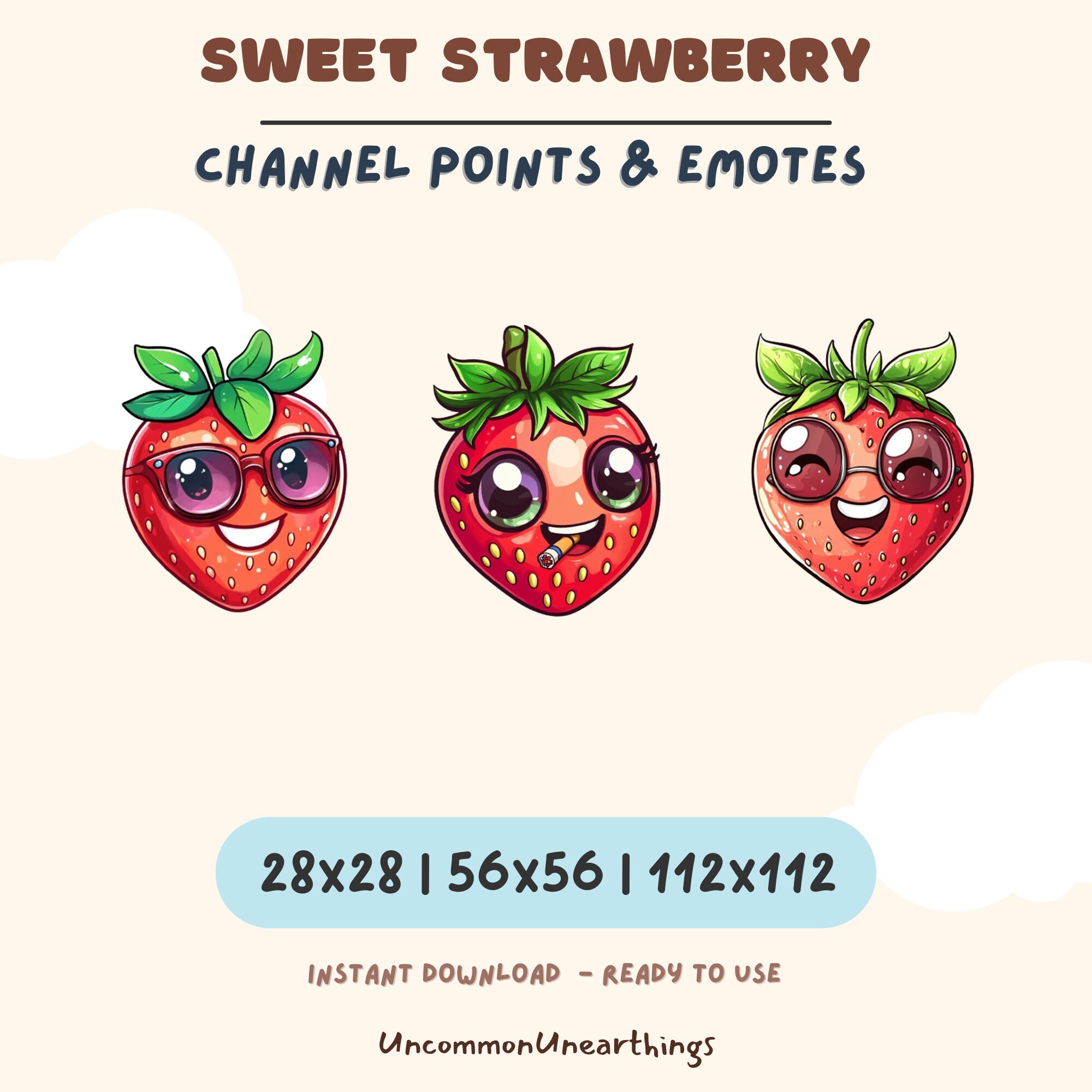 Sweet strawberry channel points and emotes for Twitch and Discord in three sizes: 28x28, 56x56, and 112x112 pixels.