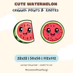 Cute watermelon channel points emotes for Twitch Discord, happy kawaii fruit characters 28x28 56x56 112x112 pixels