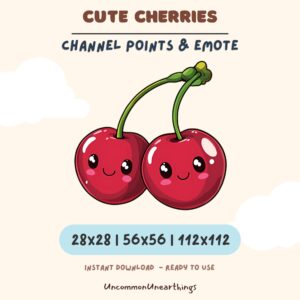 Cute red cherry emotes with smiling faces, available in 28x28, 56x56, and 112x112 pixel sizes for Twitch and Discord chann...
