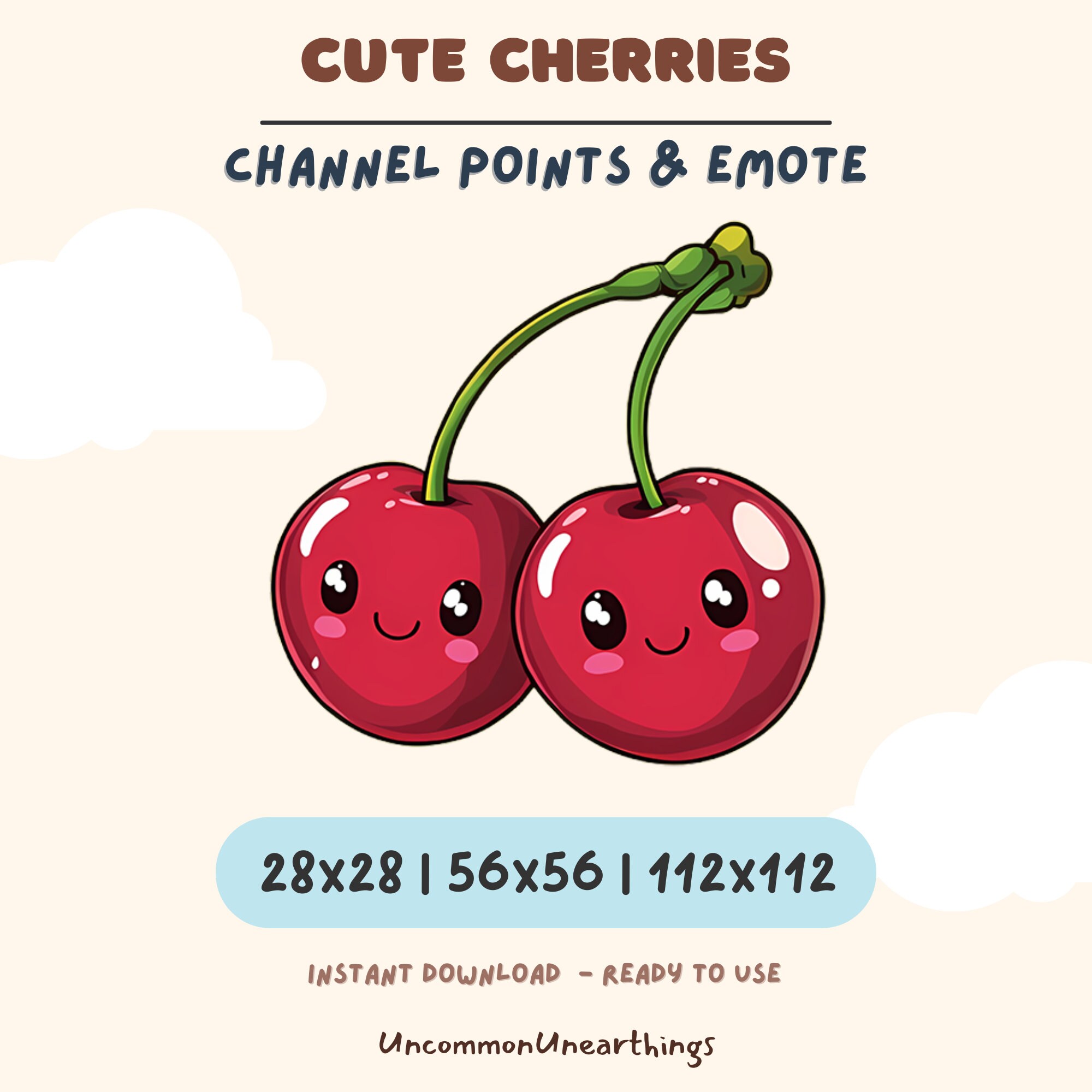 Cute red cherry emotes with smiling faces, available in 28x28, 56x56, and 112x112 pixel sizes for Twitch and Discord chann...