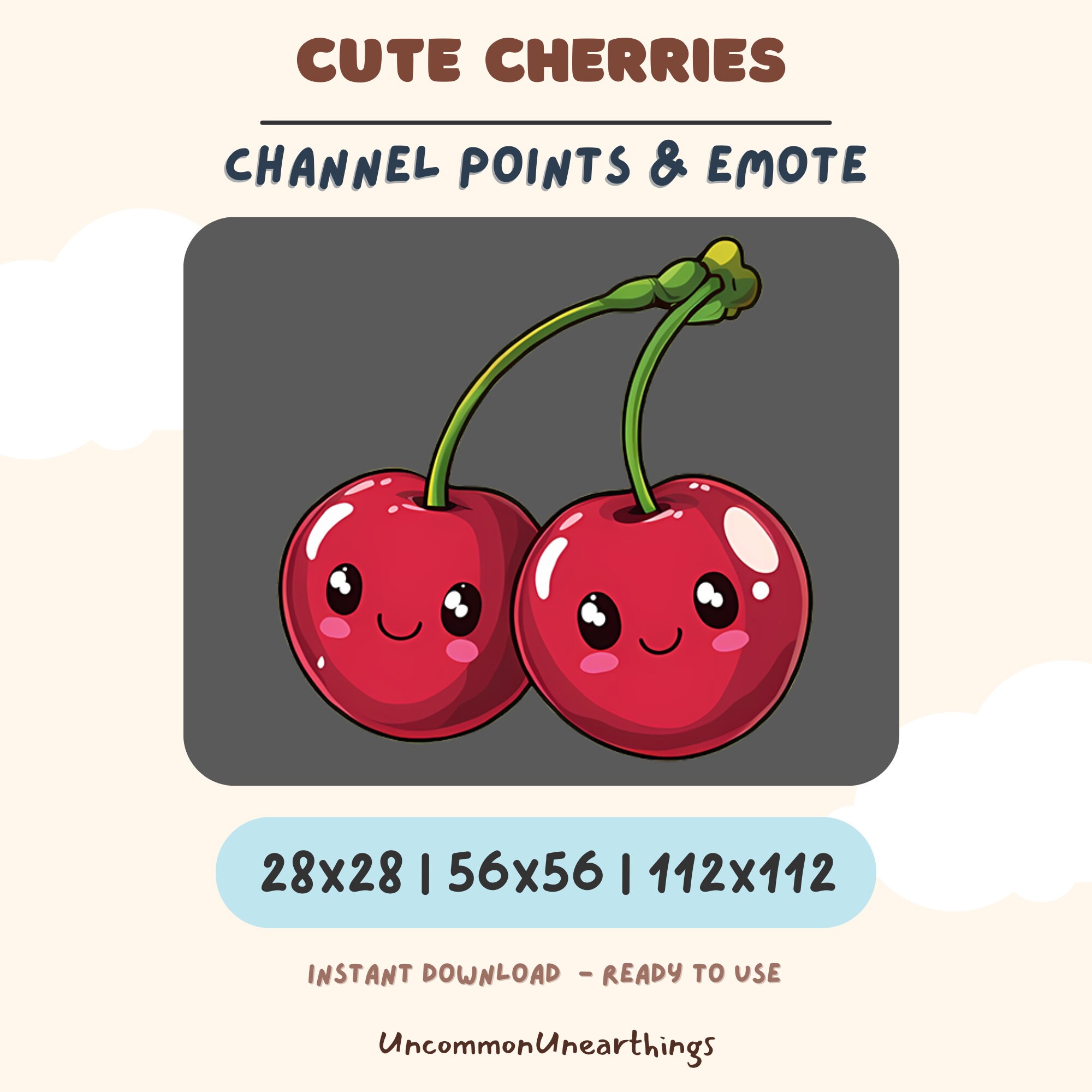 Cute red cherries with smiling faces, channel points and emote for Twitch Discord in 28x28 56x56 112x112 pixels