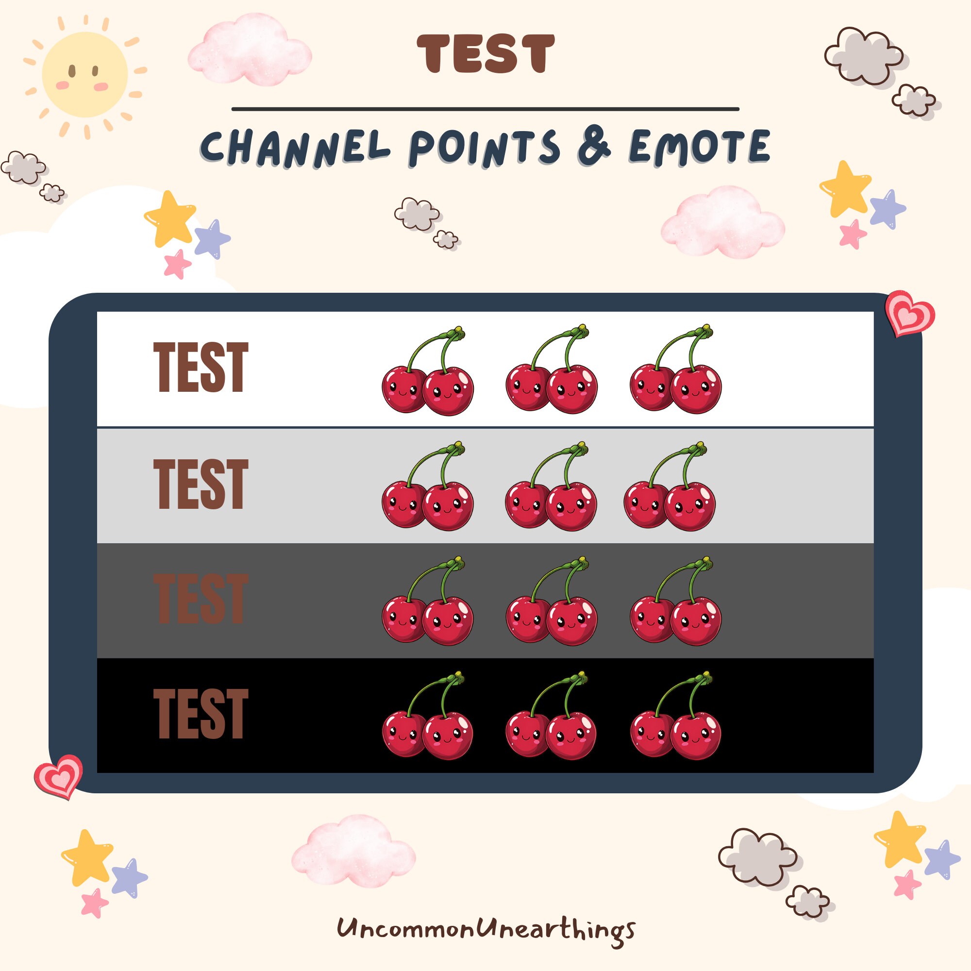 Cute red cherry emote set for Twitch and Discord channels with points system and animated expressions