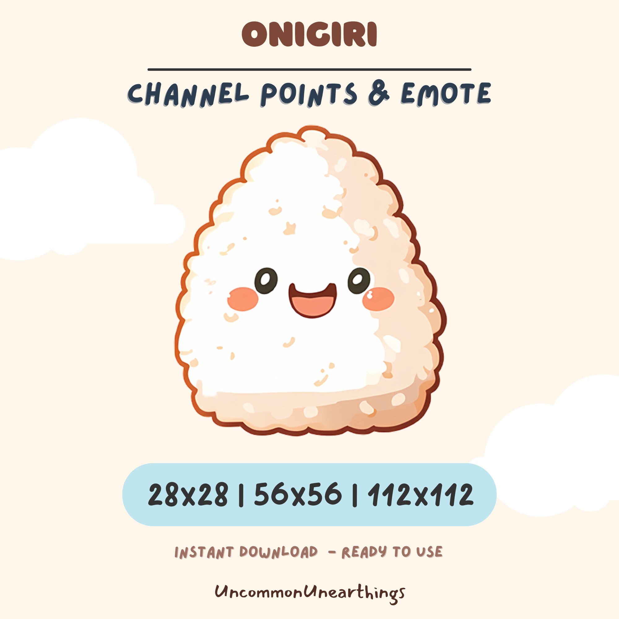 Cute onigiri rice ball character emote for Twitch Discord, happy smiling face, 28x28 56x56 112x112 pixels channel points