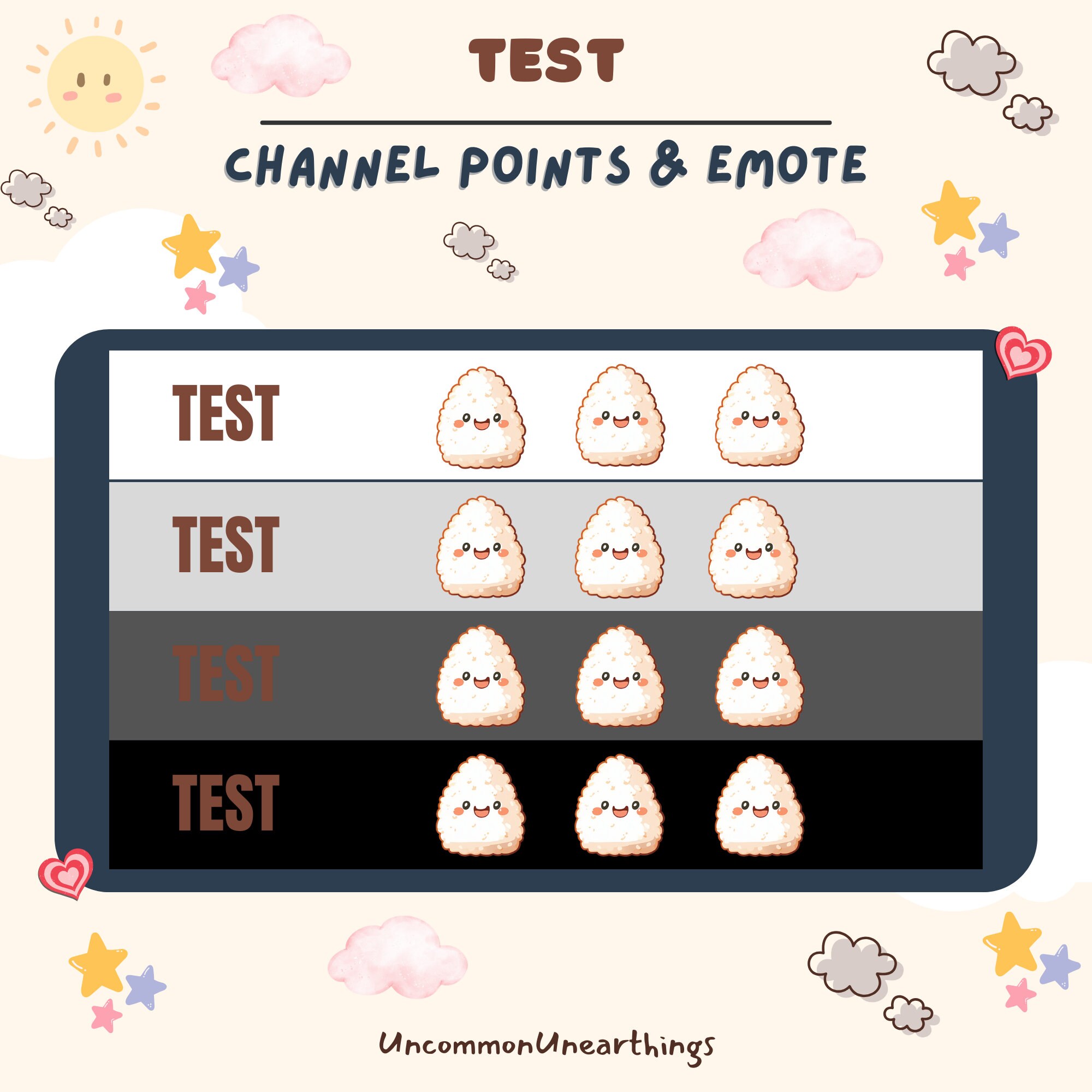 Cute kawaii rice ball emote set for Twitch and Discord channels with four channel point tier variations