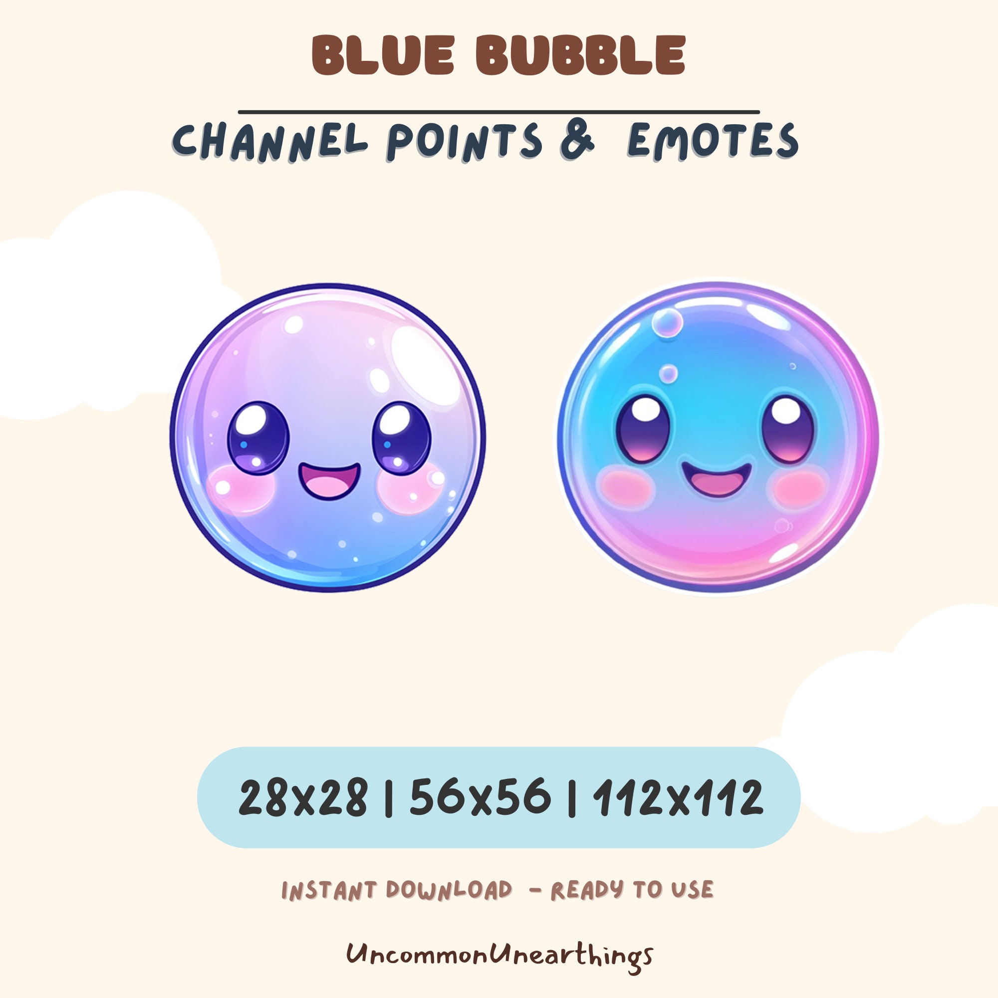 Blue Bubble cute kawaii emotes for Twitch and Discord channels in 28x28, 56x56, and 112x112 pixel sizes.