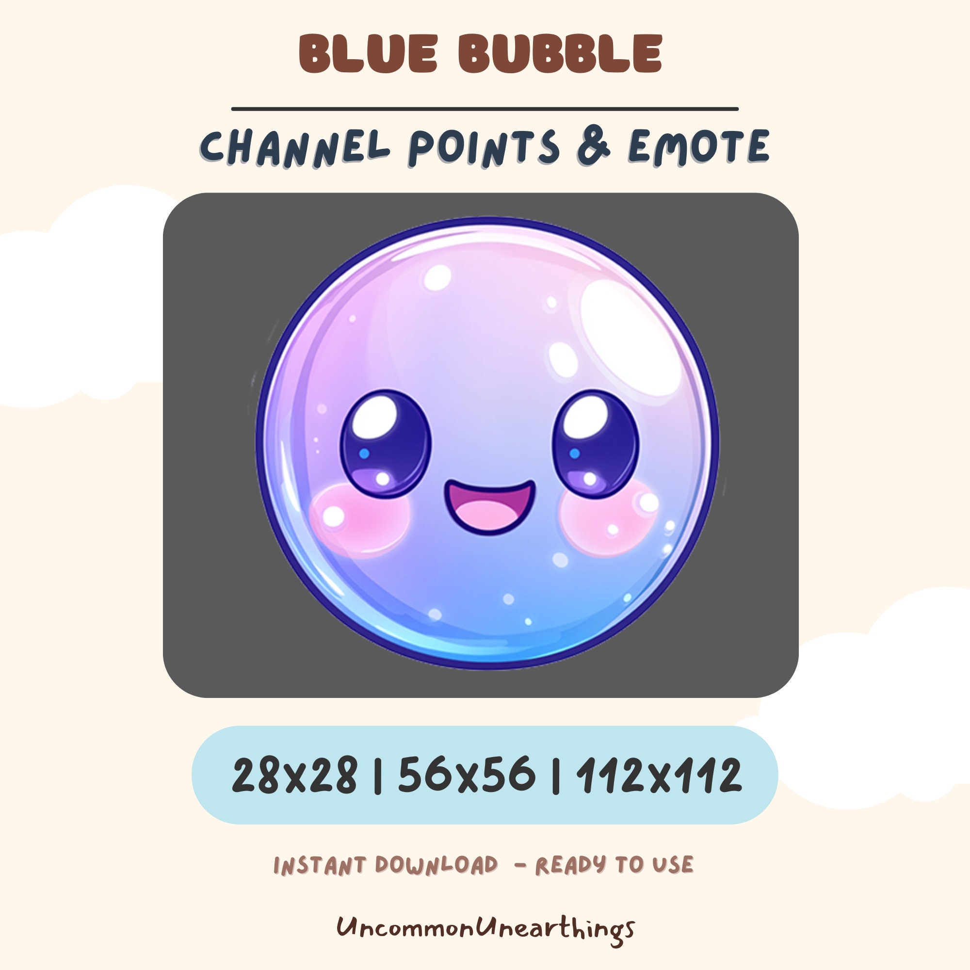 Cute Blue Bubble Twitch Discord emote with happy face, available in 28x28, 56x56, 112x112 pixel sizes