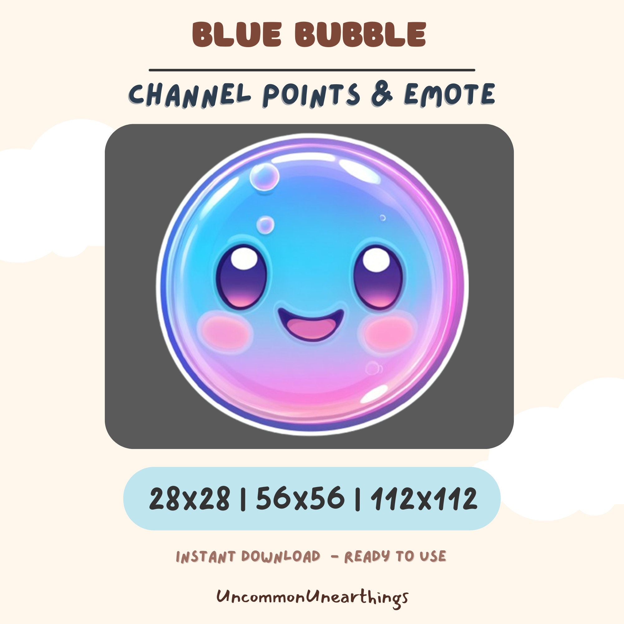 Blue Bubble cute smiling emote for Twitch and Discord channels in 28x28, 56x56, and 112x112 pixel sizes