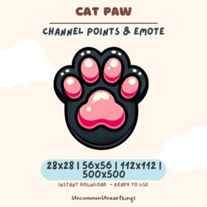 Cat paw emote with pink toe beans and dark paw pad, available in 28x28, 56x56, 112x112, and 500x500 pixels for Twitch and ...