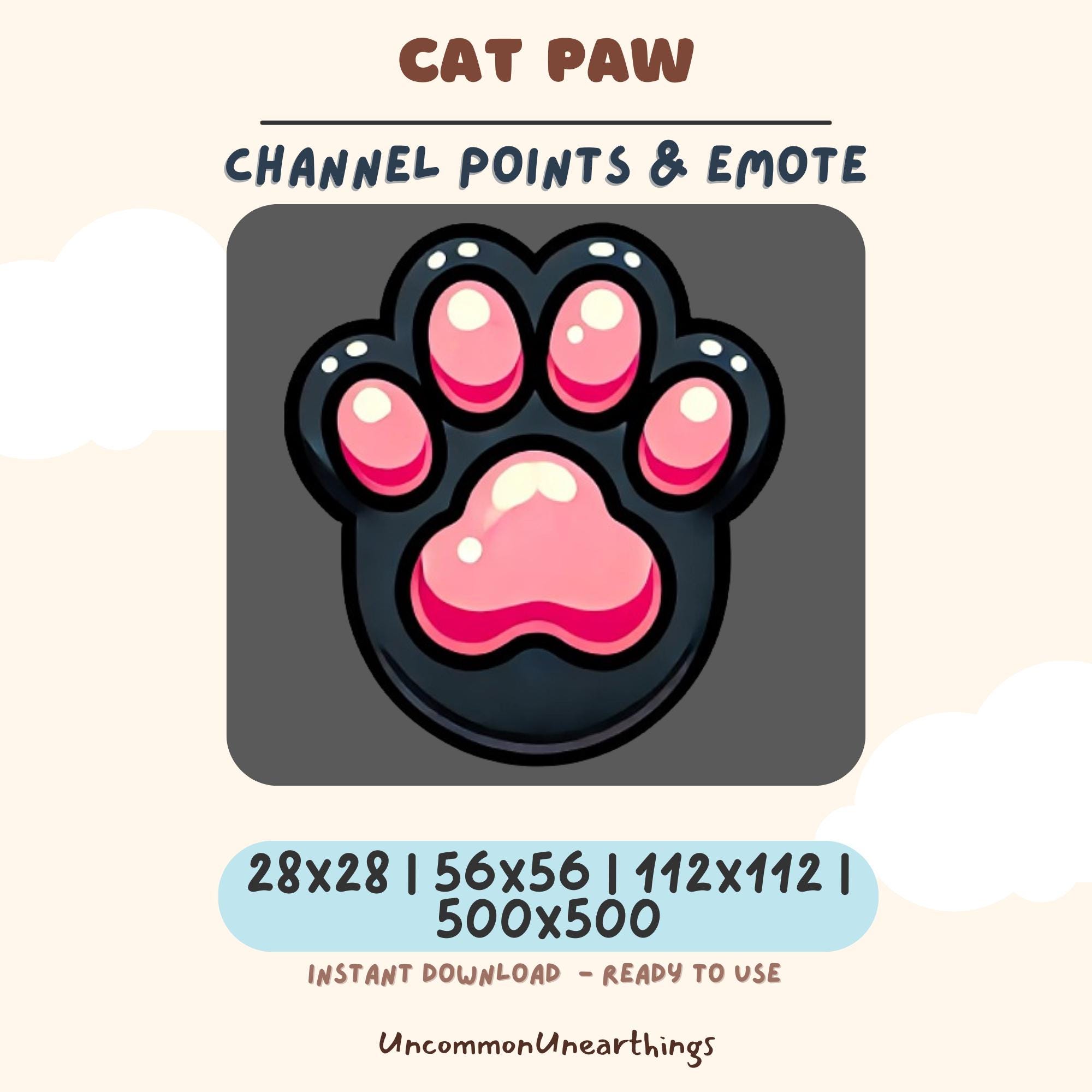 Cat paw emote for Twitch and Discord with pink toe beans and channel points badge in multiple sizes