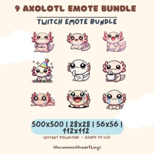 9 Axolotl Twitch emote bundle featuring cute pink axolotls in various expressions like happy, sad, crying, and celebrating...