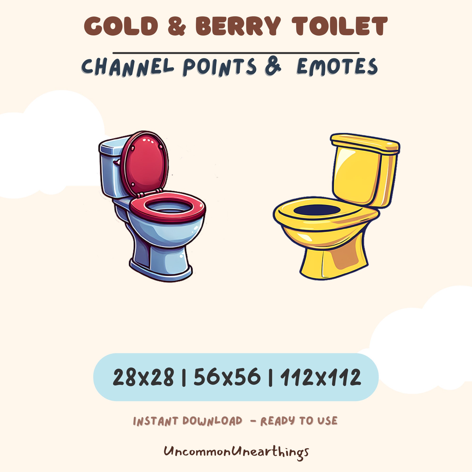 Gold and Berry toilet emotes for Twitch and Discord channels in three sizes: 28x28, 56x56, 112x112 pixels