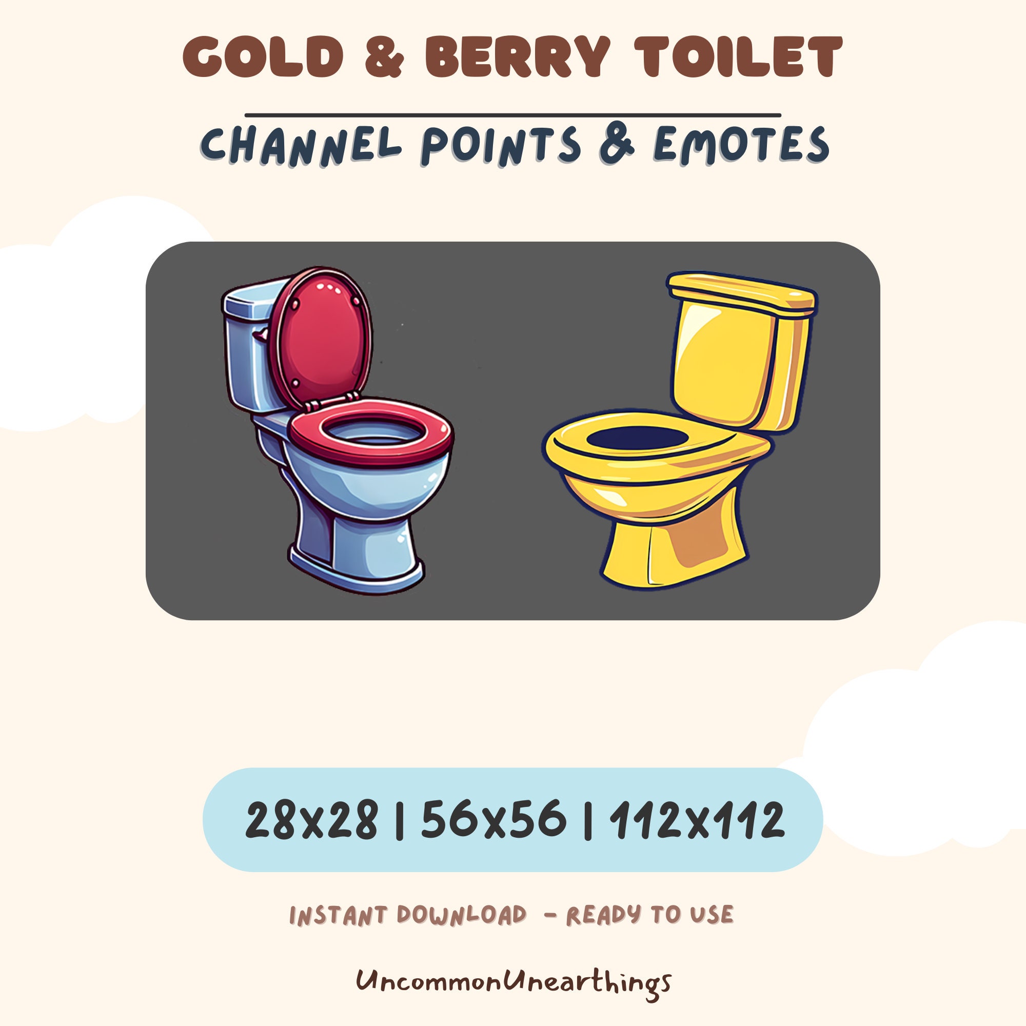 Gold & Berry toilet emotes for Twitch and Discord - red and yellow toilet channel points and emote pack, 28x28 to 112x112px