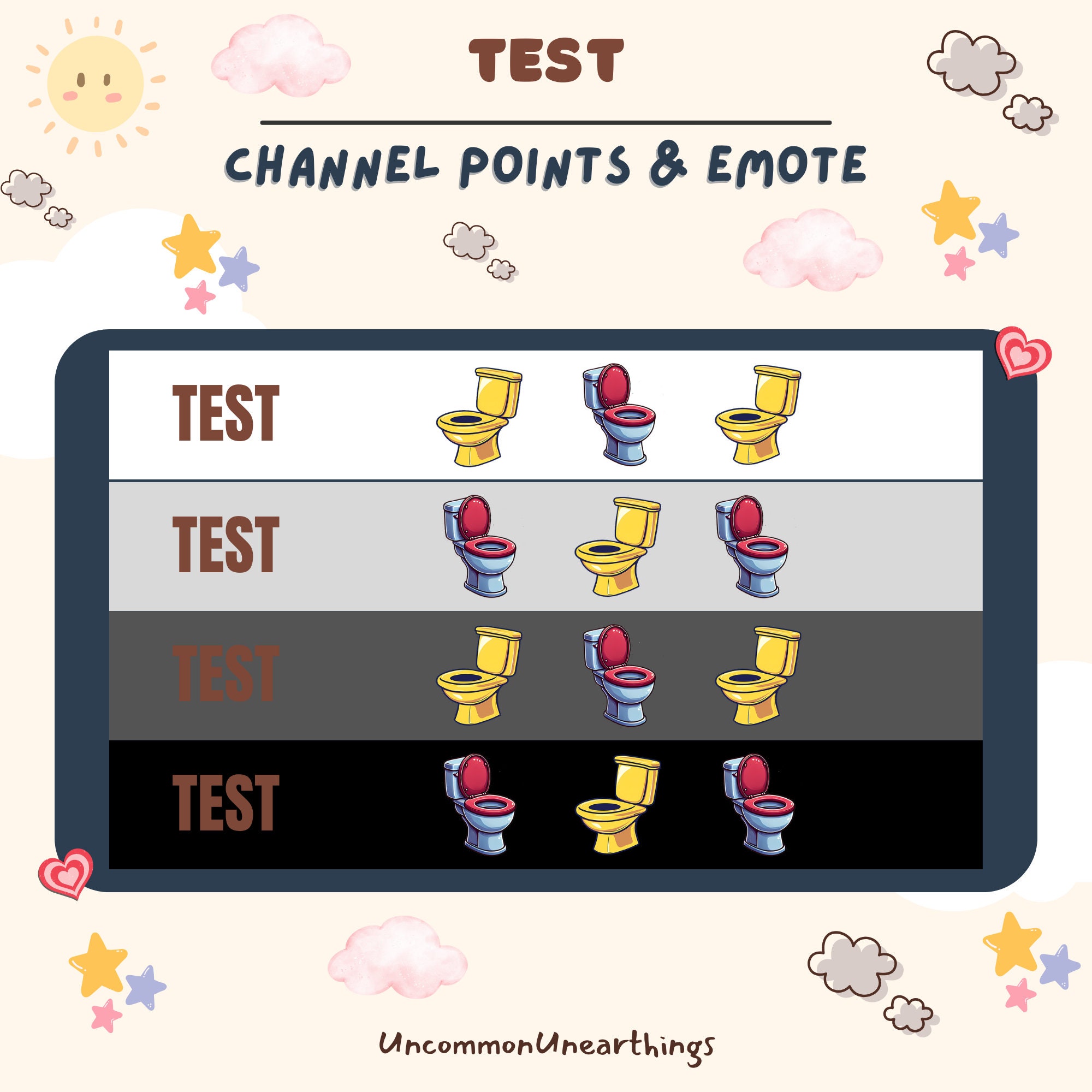 Twitch Discord emote test channel points rewards with gold and purple toilet seat icons