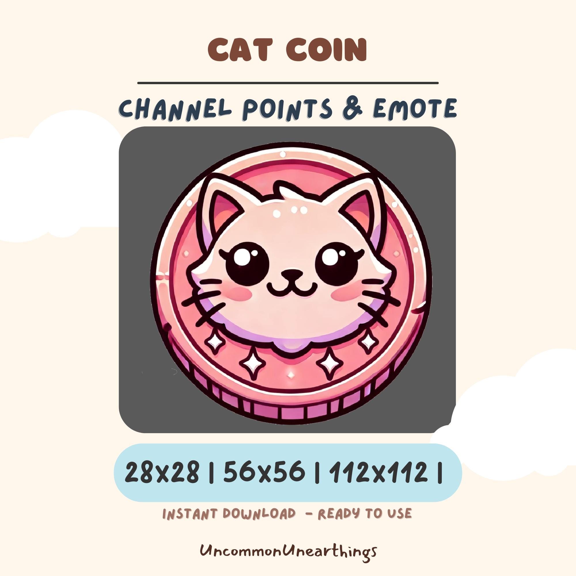 Cute cat coin Twitch Discord emote, pink kawaii kitty face channel points badge, instant download 28x28 56x56 112x112 pixels