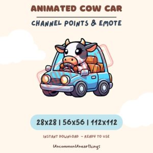 Animated cow car emote for Twitch Discord streaming, cute cartoon character in blue vehicle, channel points and emote asset