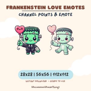 Cute Frankenstein love emotes for Twitch and Discord channels in three sizes with adorable monster characters holding hearts.