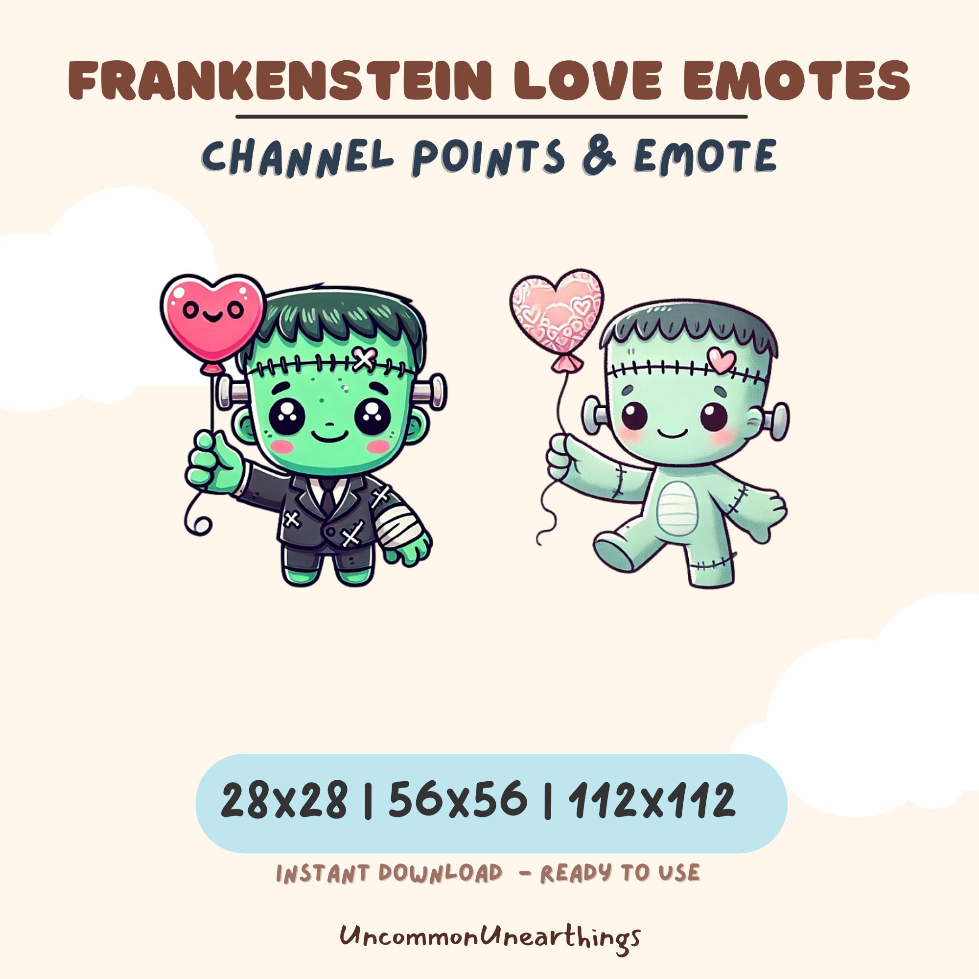 Cute Frankenstein love emotes with heart balloons for Twitch and Discord channels in 28x28, 56x56, and 112x112 sizes