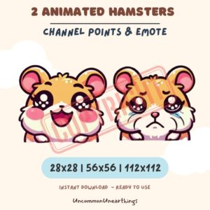 2 animated hamster emotes showing happy and sad expressions, channel points and Twitch emote design, 28x28 to 112x112 pixels