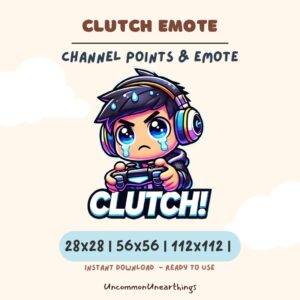 Clutch gaming emote with crying character holding controller, available in 28x28 56x56 112x112 pixels for Twitch Discord c...