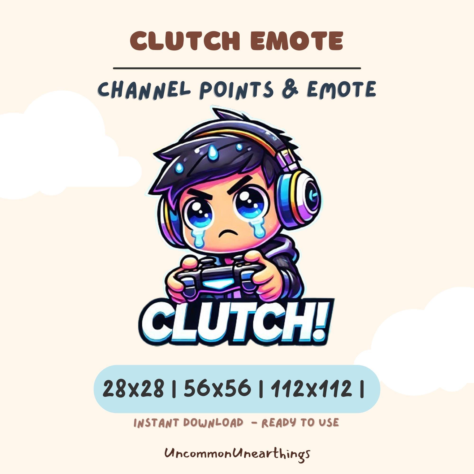 Clutch gaming emote with crying character holding controller, available in 28x28 56x56 112x112 pixels for Twitch Discord c...