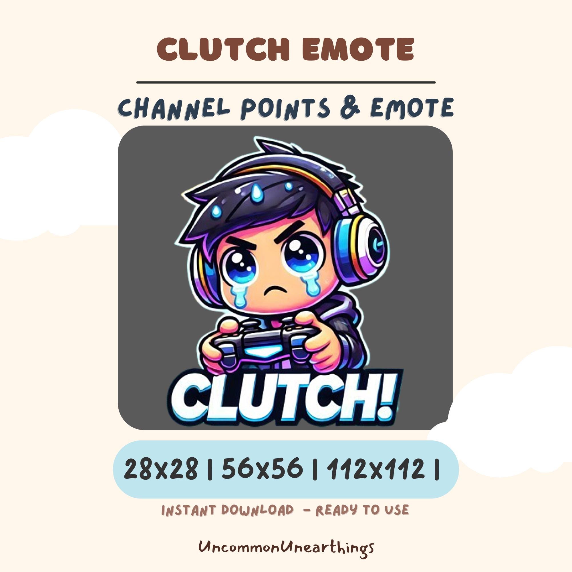 Clutch gaming emote featuring crying gamer with headphones and controller, available in 28x28, 56x56, 112x112 sizes