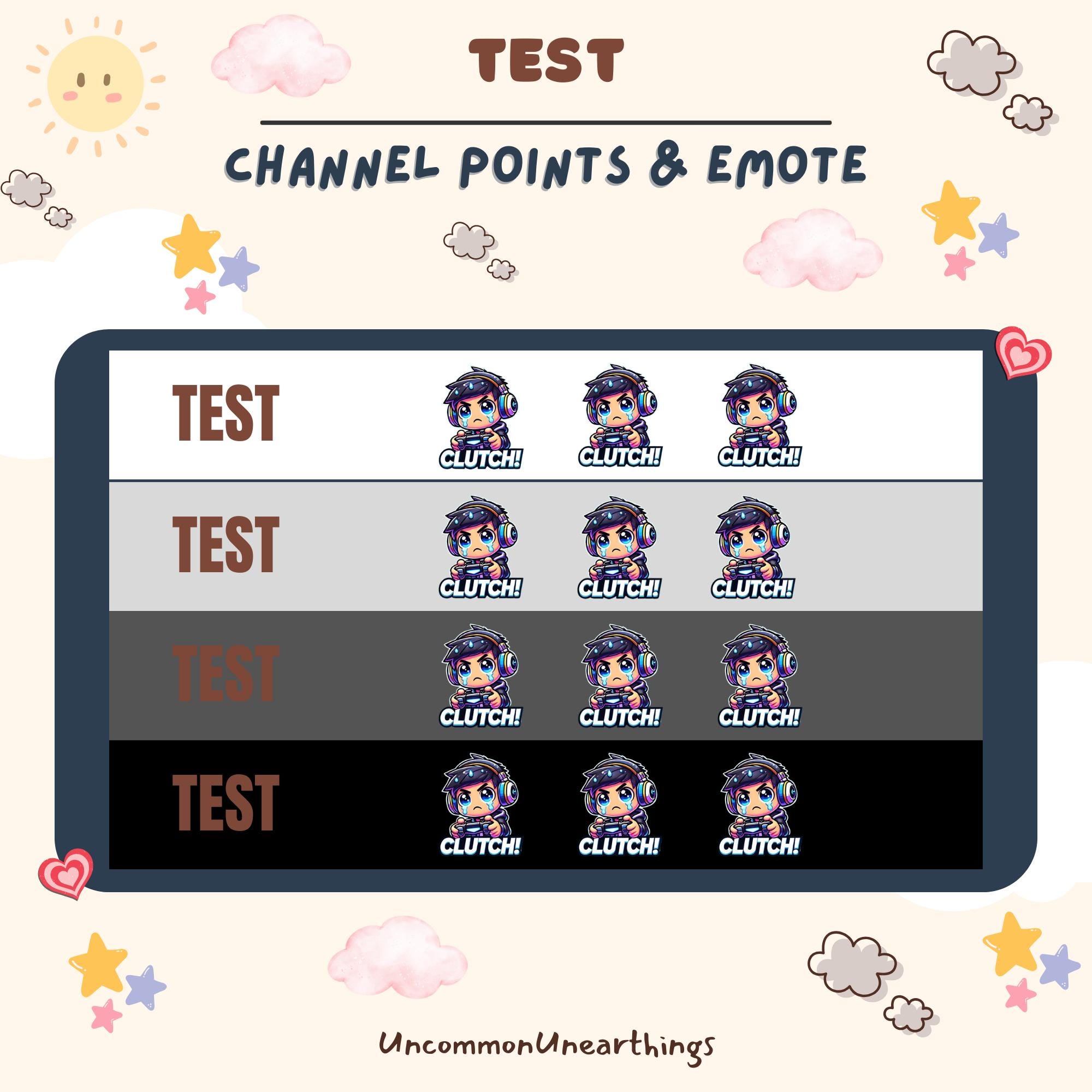 Twitch Discord emote reward table showing channel points and "CLUTCH" gaming emote tiers in white, gray, and black rows