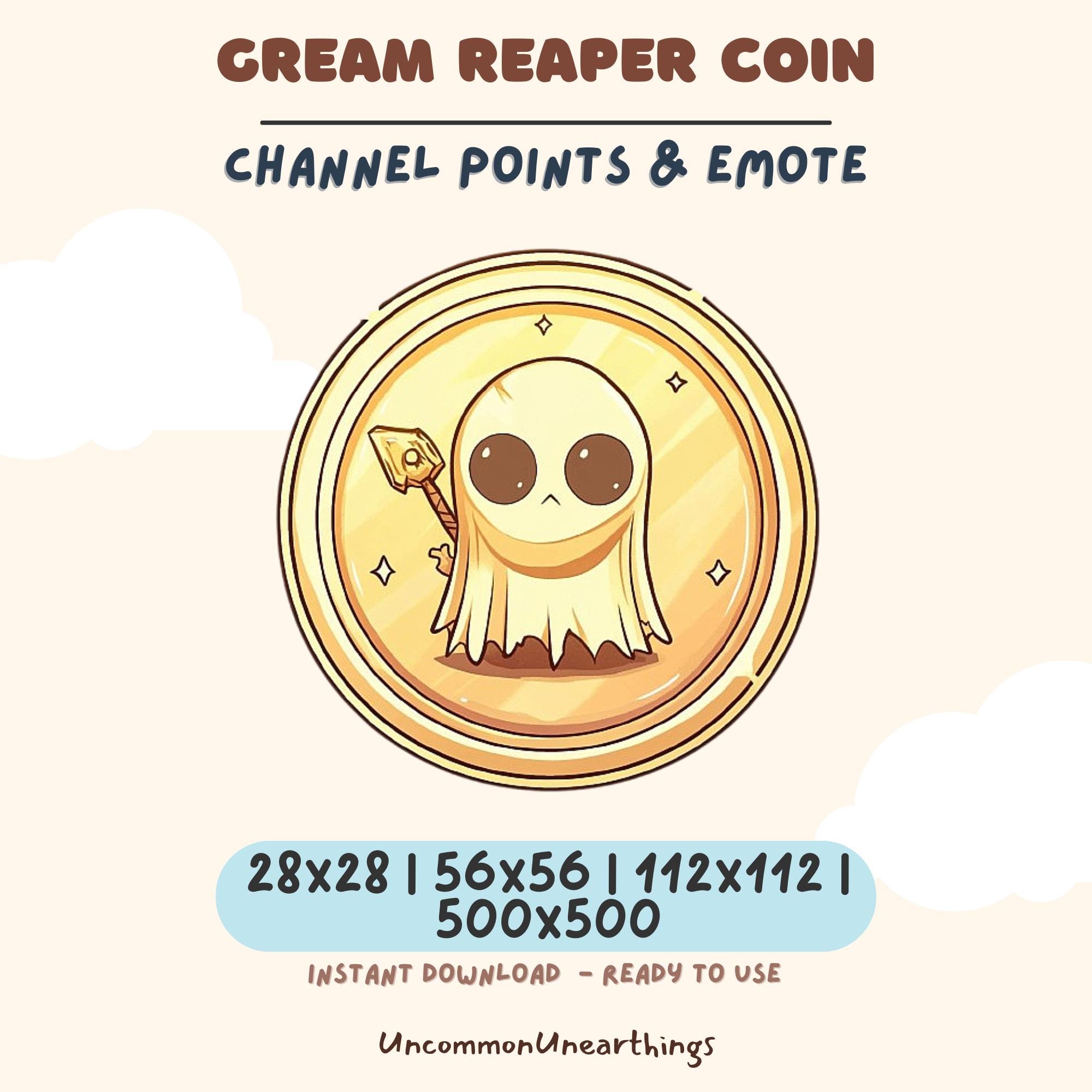 Cream Reaper Coin Twitch Discord emote, cute grim reaper character holding scythe, 28x28 to 500x500 pixel sizes