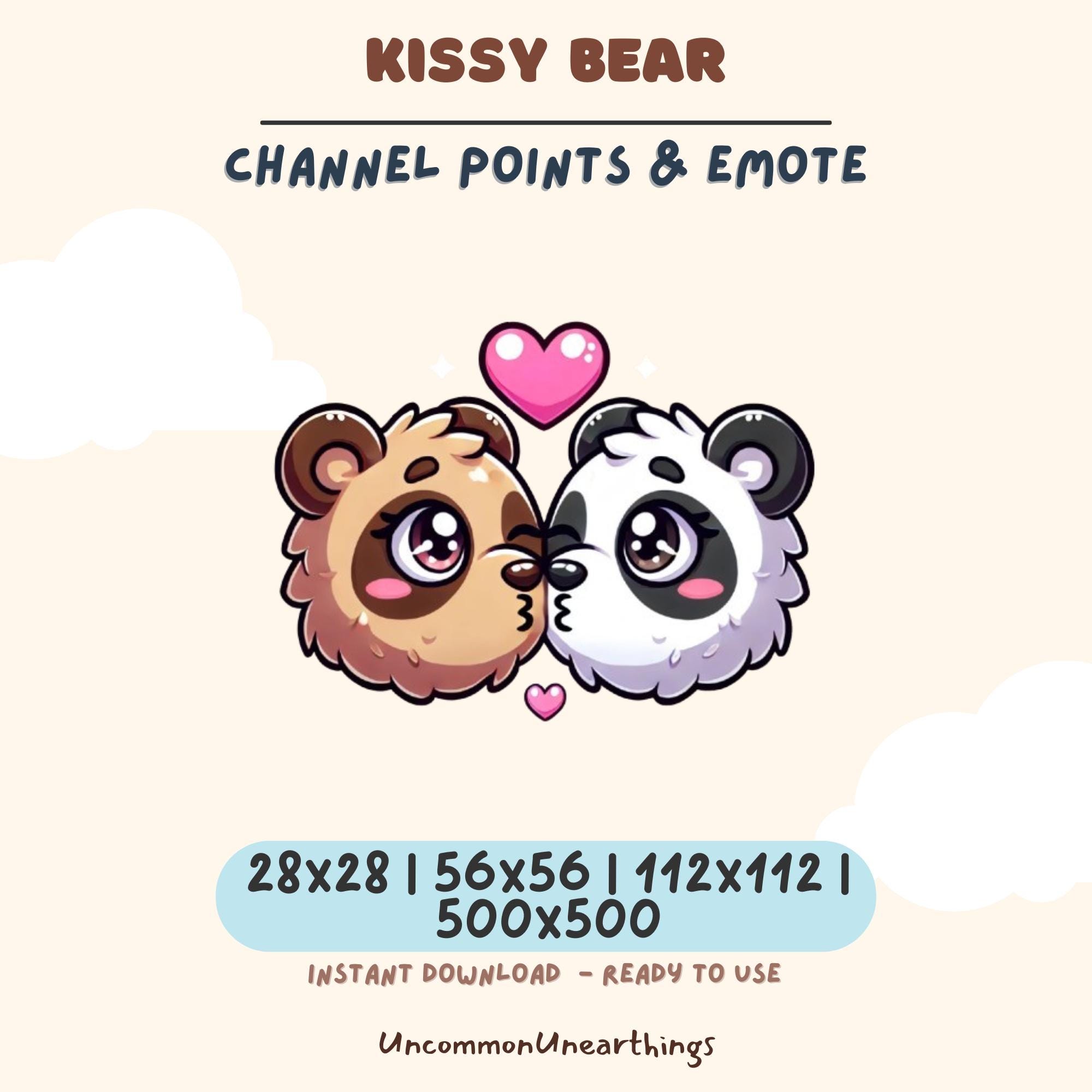 Kissy Bear couple emote for Twitch Discord - brown and white bears kissing with pink hearts, 28x28 to 500x500 pixels