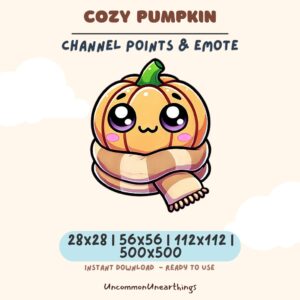 Cozy pumpkin channel points emote for Twitch and Discord, cute autumn character in brown striped blanket, available in mul...