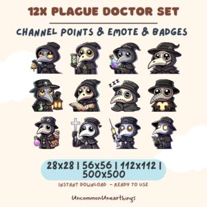 12x Plague Doctor Emotes Set for Twitch Discord - Dark Gothic Character Emojis with Channel Points and Badges