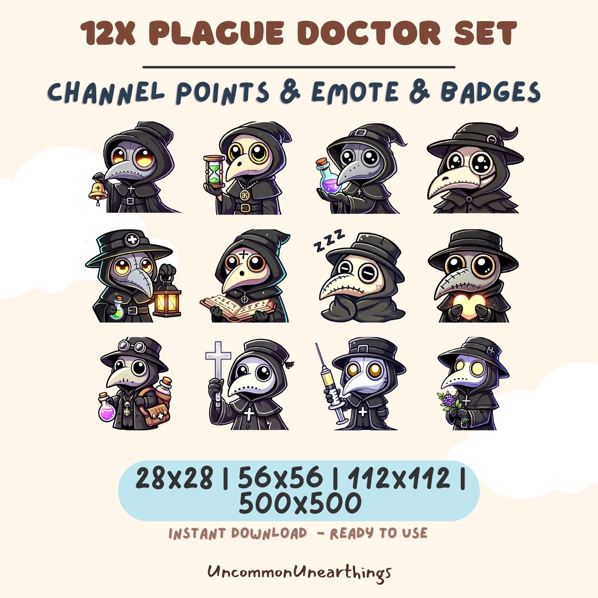 Plague Doctor Emote Set - 12 Cute Dark Aesthetic Twitch Discord Emotes with Channel Points Badges