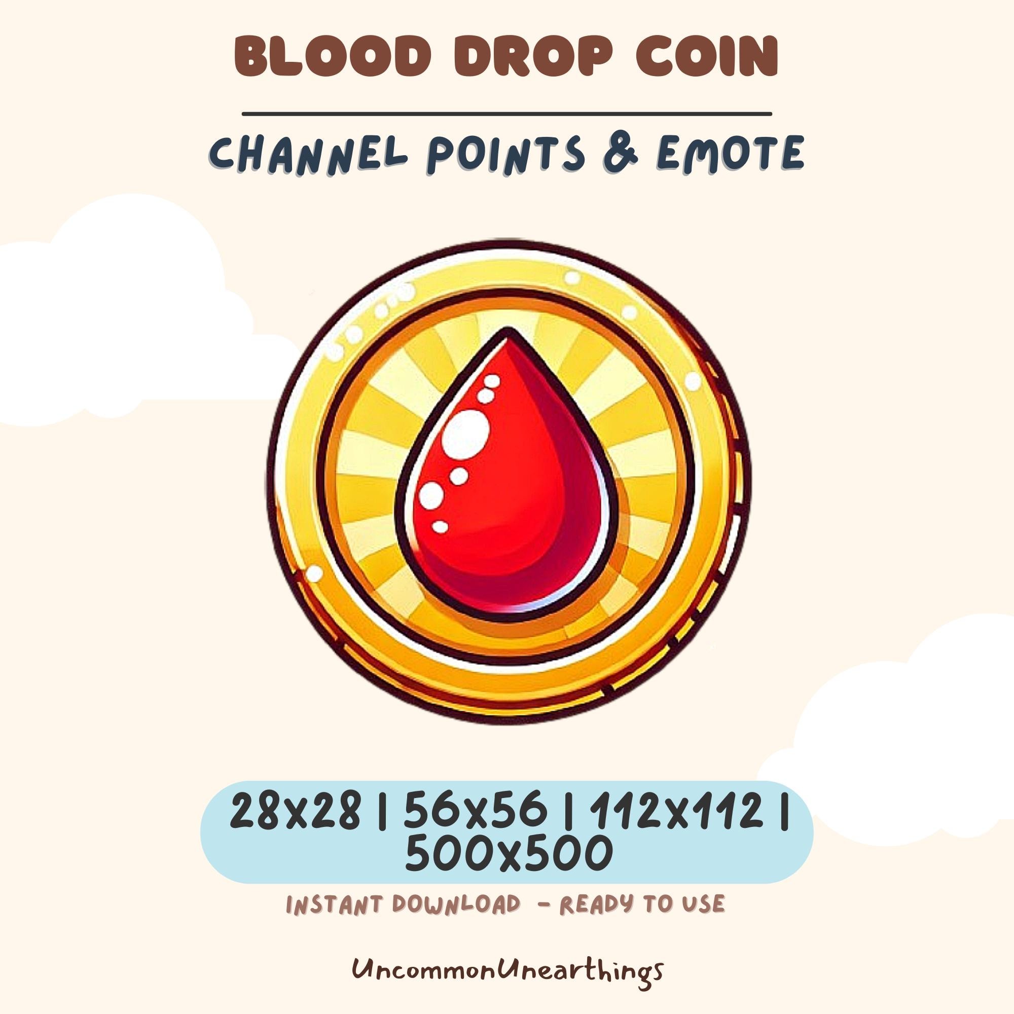 Blood Drop Coin Twitch Discord emote - red droplet in gold circle, 28x28 to 500x500 pixels