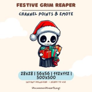 Festive Grim Reaper Christmas emote in red Santa hat holding gifts, available in 28x28 to 500x500 pixels for Twitch Discord