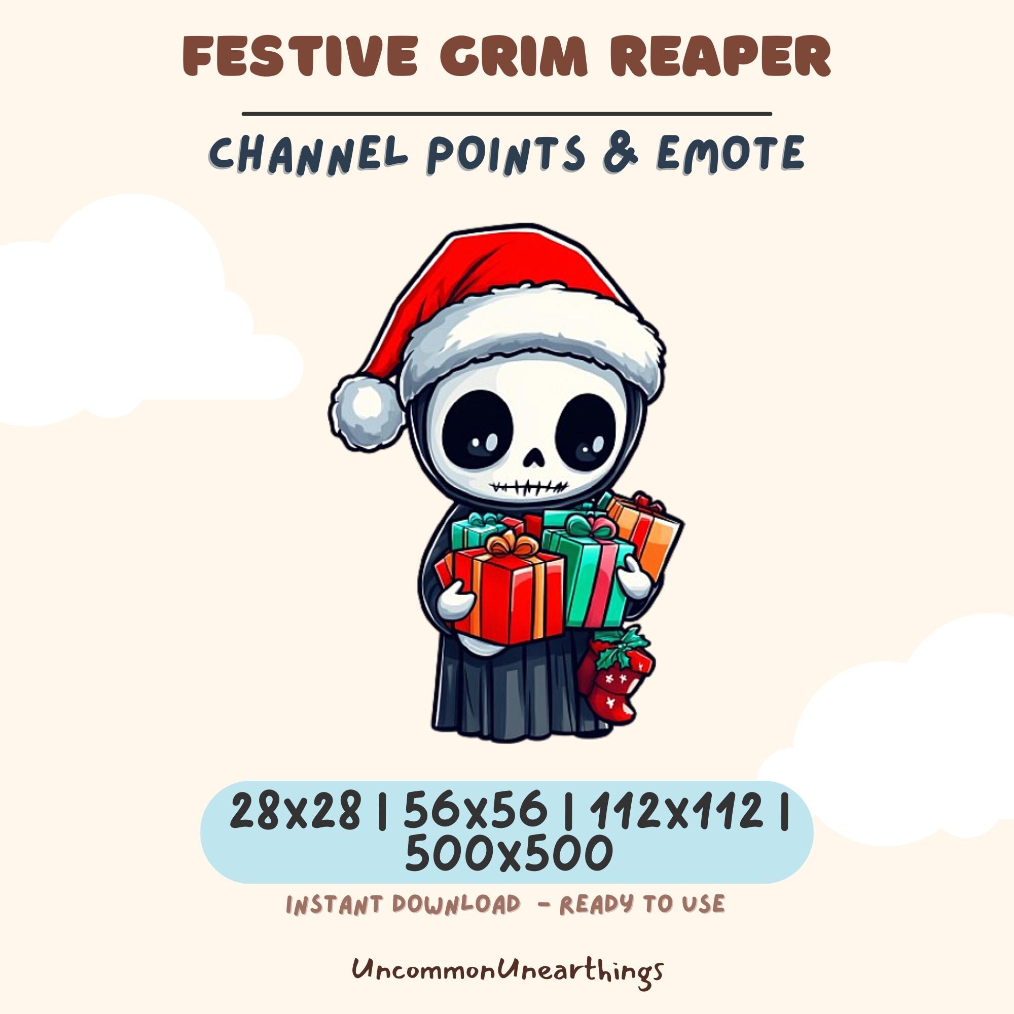 Festive Grim Reaper Christmas emote in red Santa hat holding gifts, available in 28x28 to 500x500 pixels for Twitch Discord