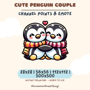 Cute penguin couple hugging channel points emote for Twitch Discord in multiple sizes