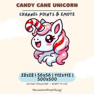 Candy Cane Unicorn Twitch emote with happy expression, red and white striped horn, pink mane, available in multiple sizes